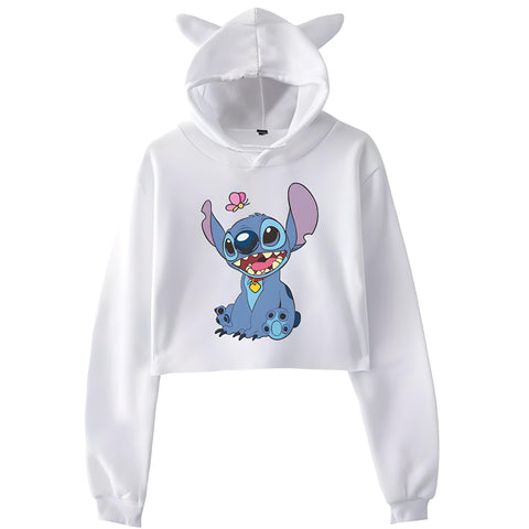 White Stitch Hoodie With Ears